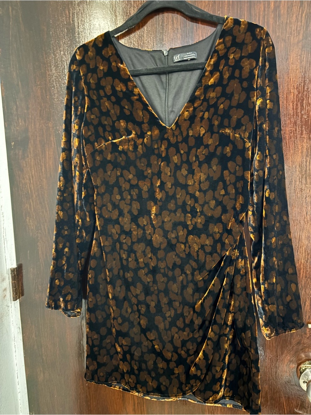 Bundle 3 for $25. Zara Black Velvet Long-Sleeve Dress with Gold Leopard Print.